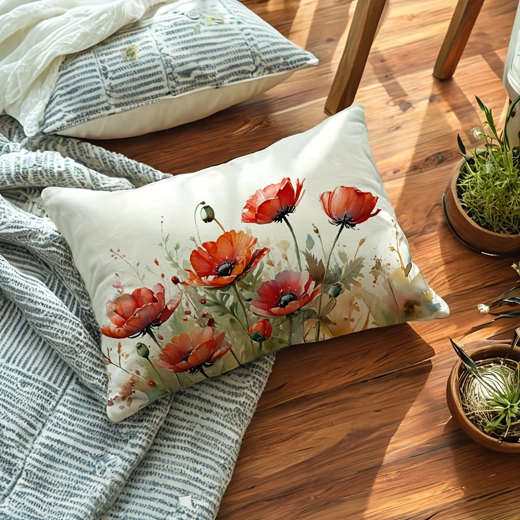 Red Linen Lumbar Pillow Cover (12x20) - Farmhouse Decorative Cushion Case
