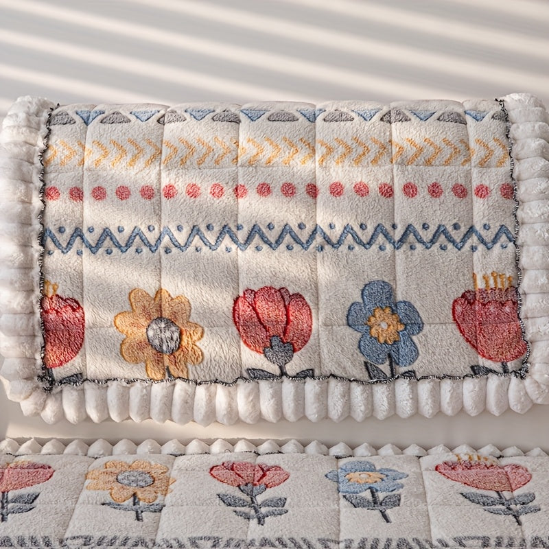 Bohemian Plush Milk Fleece Sofa Cover | Warm Floral Couch Protector