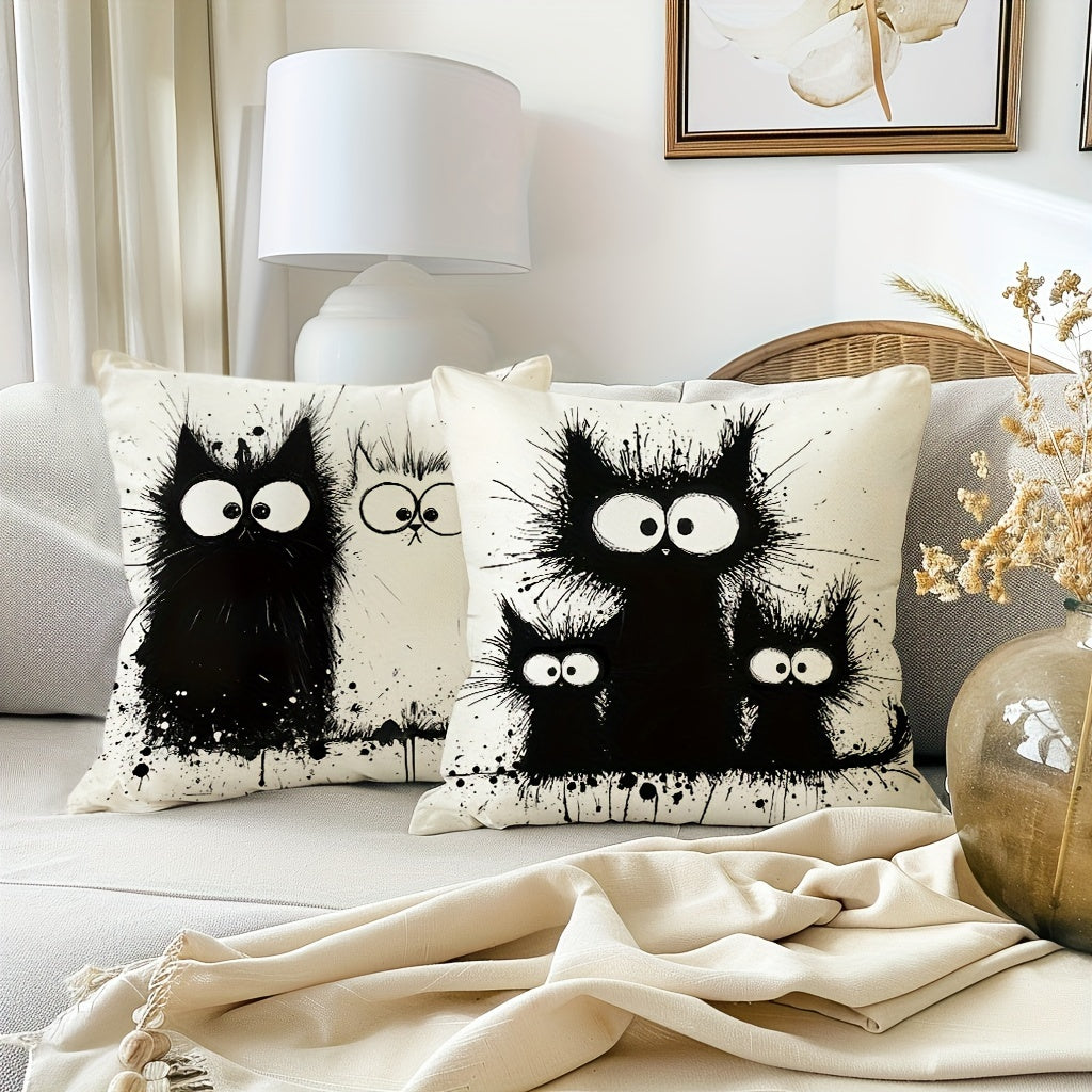 Boho Chic Black Cat Throw Pillow Covers (4-Pack) - 18x18 Inch Decorative Cushion Cases