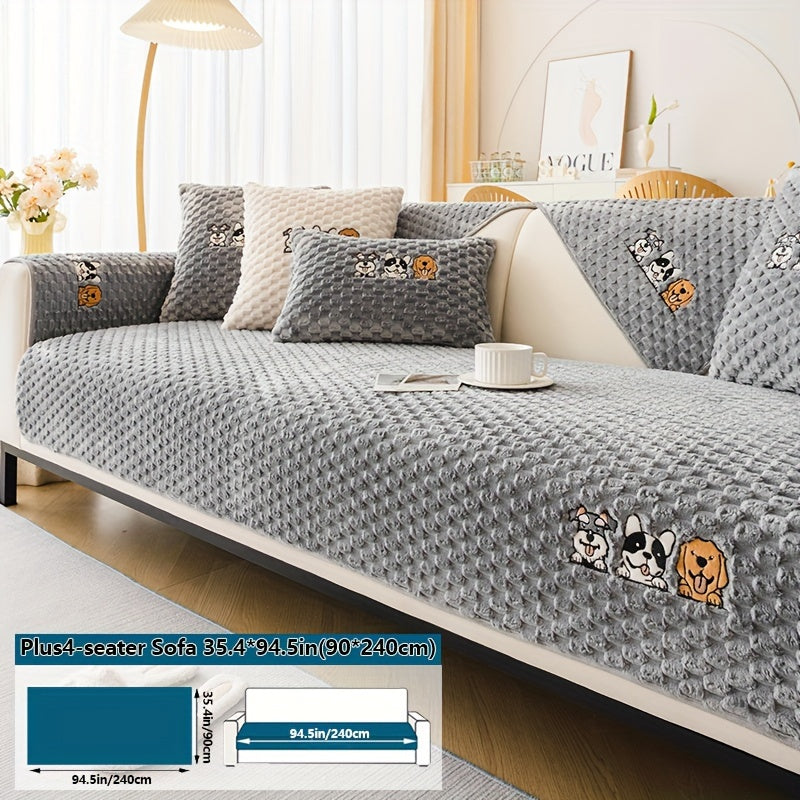 Honeycomb Velvet Sofa Slipcover Cute Dog Embroidery & Pet-Friendly