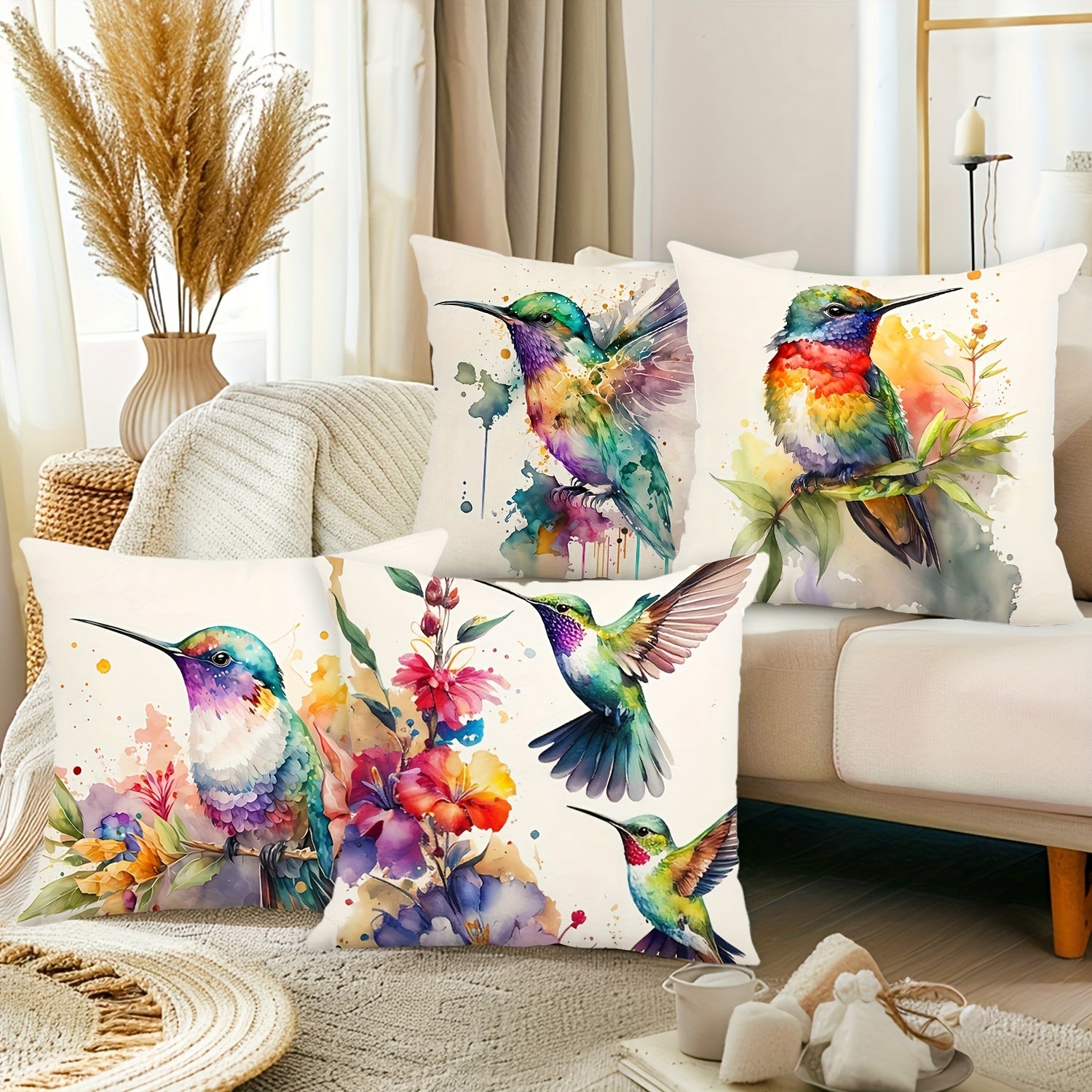 Artistic Hummingbird Pillow Covers 4-Pack 18x18" - Machine Washable Floral Design