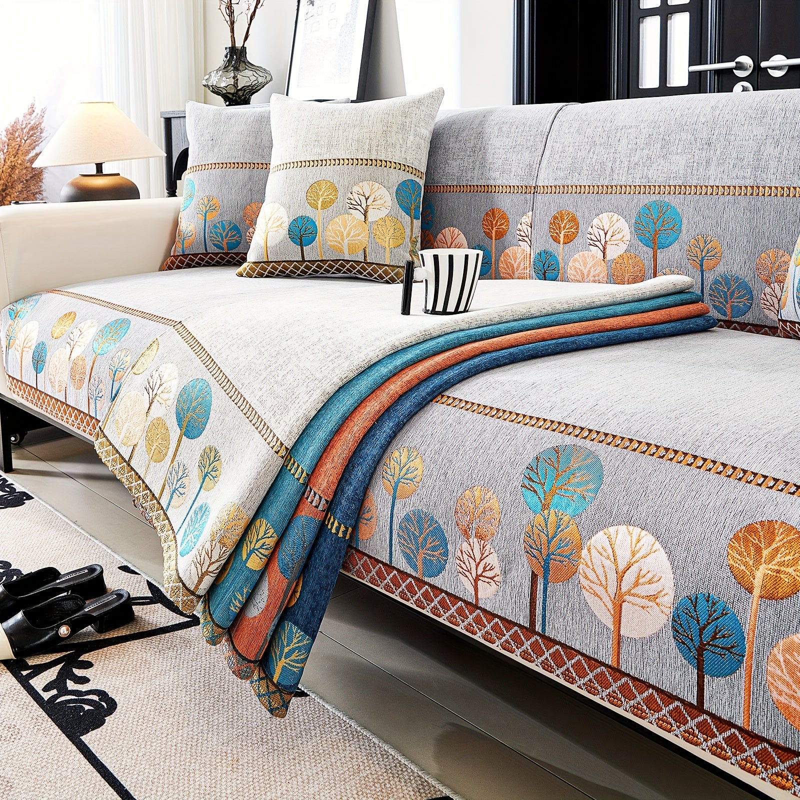 Bohemia Chenille Sofa Cover Geometric Embroidery & Pet-Friendly