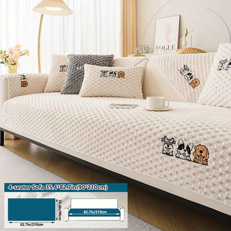 Honeycomb Velvet Sofa Slipcover Cute Dog Embroidery & Pet-Friendly