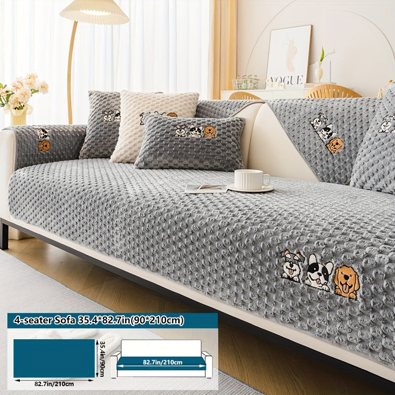 Honeycomb Velvet Sofa Slipcover Cute Dog Embroidery & Pet-Friendly