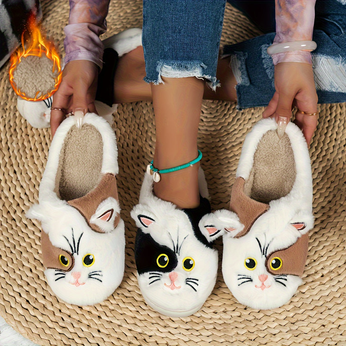 Cute Cartoon Cat Women’s Slippers – Soft Plush, Non-Slip Indoor House Shoes