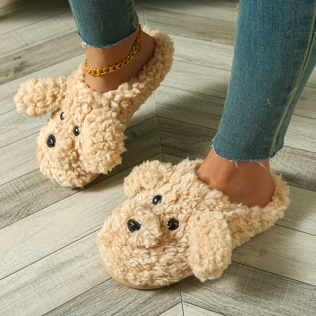 Women’s Cute Teddy Dog Plush Slippers – All-Season Indoor Outdoor, EVA Sole