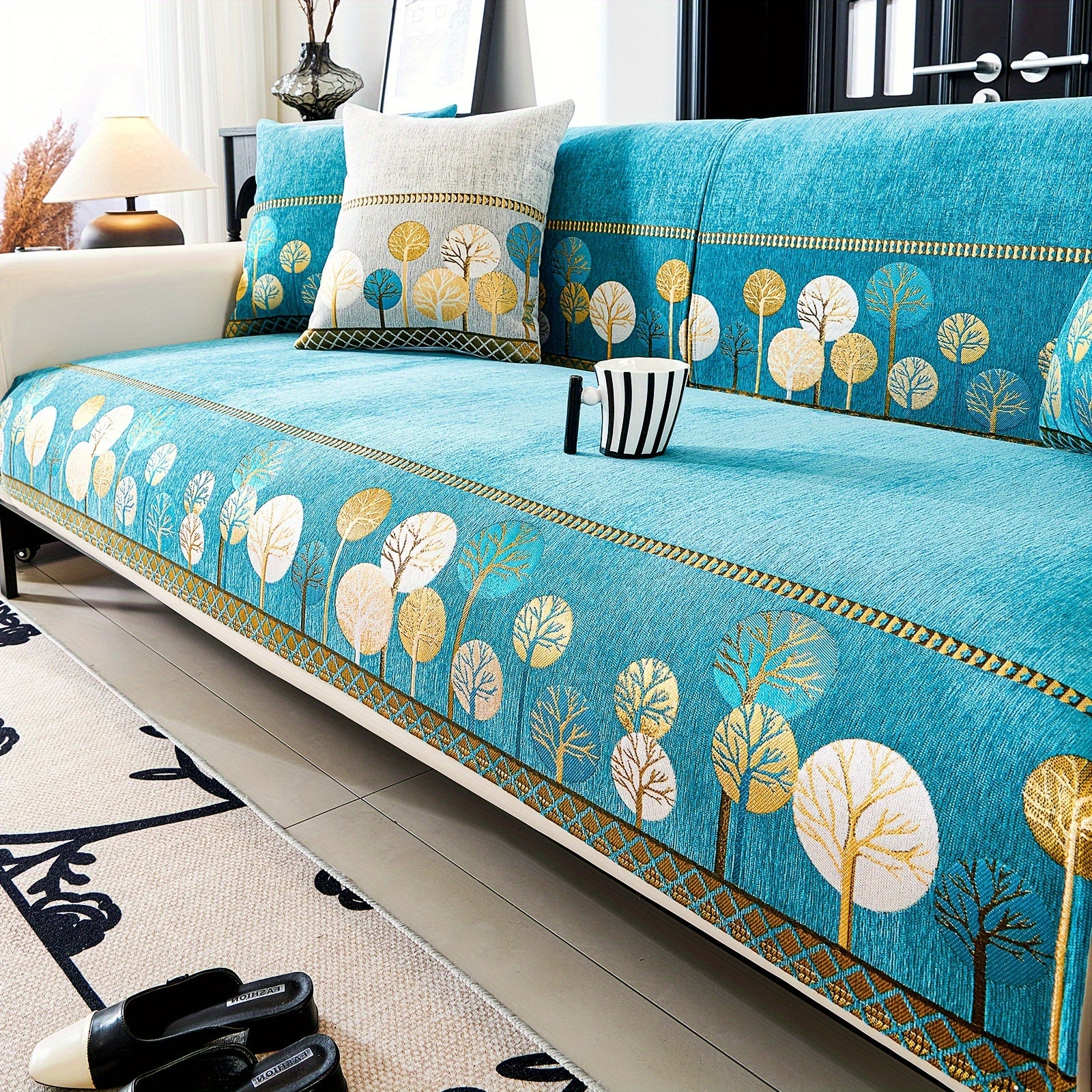 Bohemia Chenille Sofa Cover Geometric Embroidery & Pet-Friendly