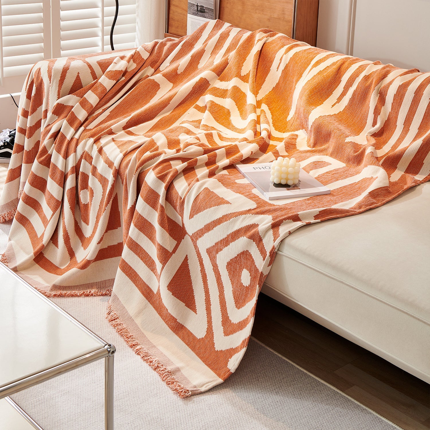 Geometric Boho Chenille Fabric Blanket Sofa Cover