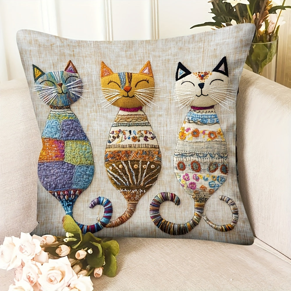 Cute Cats Throw Pillow Cover – 1pc Plush, Embroidery Look, Zippered, 100% Polyester