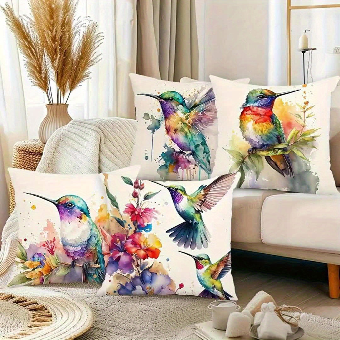 Artistic Hummingbird Pillow Covers 4-Pack 18x18" - Machine Washable Floral Design