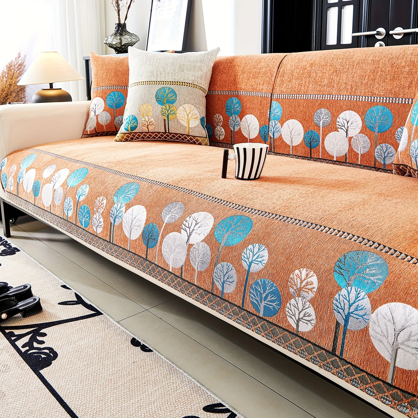 Bohemia Chenille Sofa Cover Geometric Embroidery & Pet-Friendly