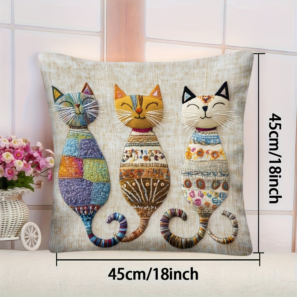 Cute Cats Throw Pillow Cover – 1pc Plush, Embroidery Look, Zippered, 100% Polyester