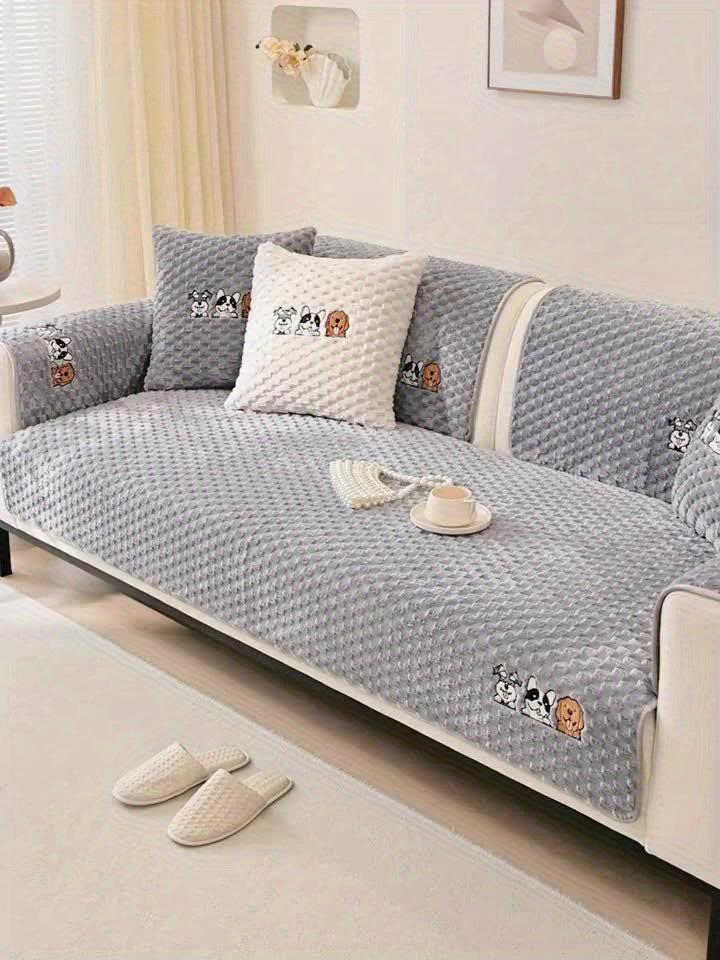 Honeycomb Velvet Sofa Slipcover Cute Dog Embroidery & Pet-Friendly