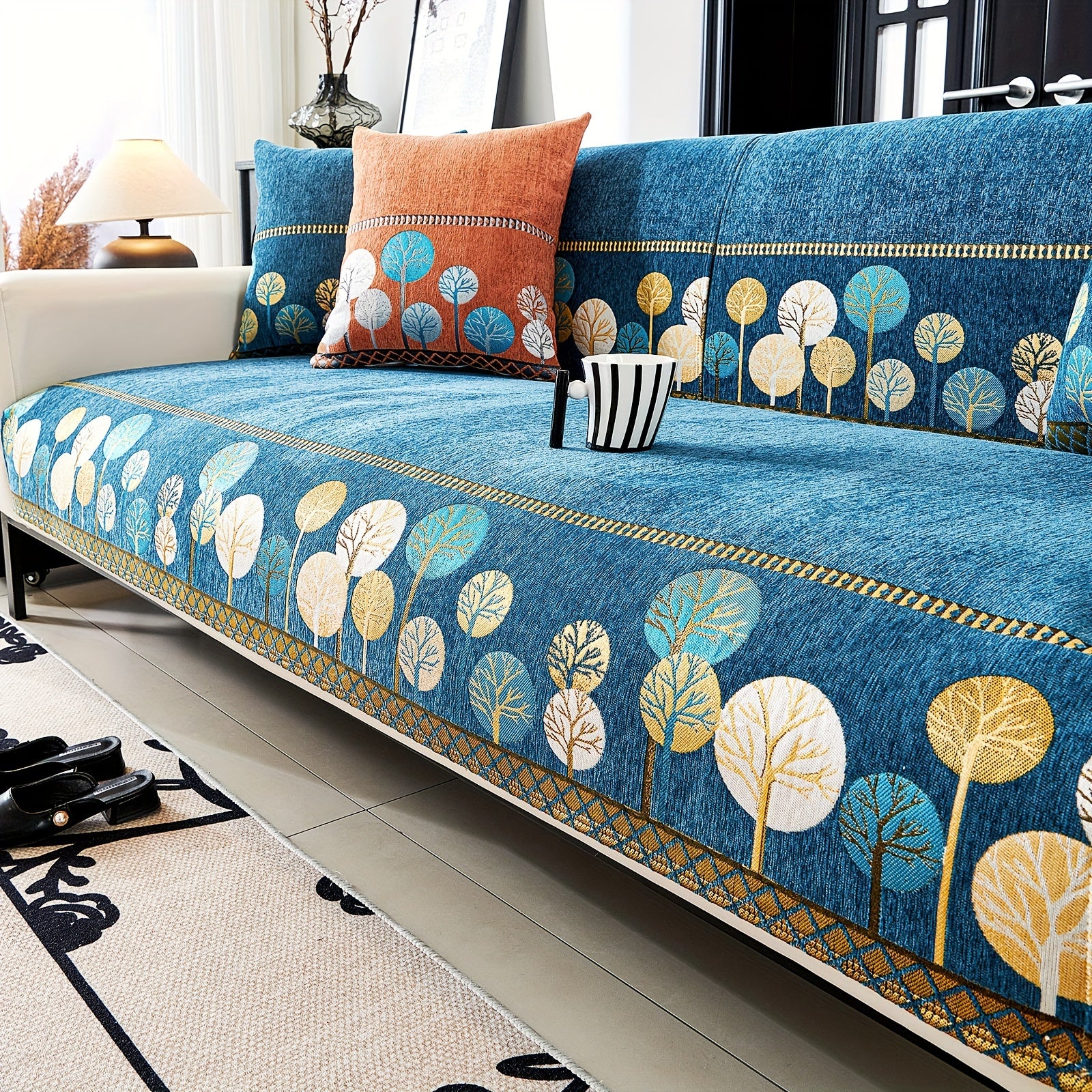 Bohemia Chenille Sofa Cover Geometric Embroidery & Pet-Friendly