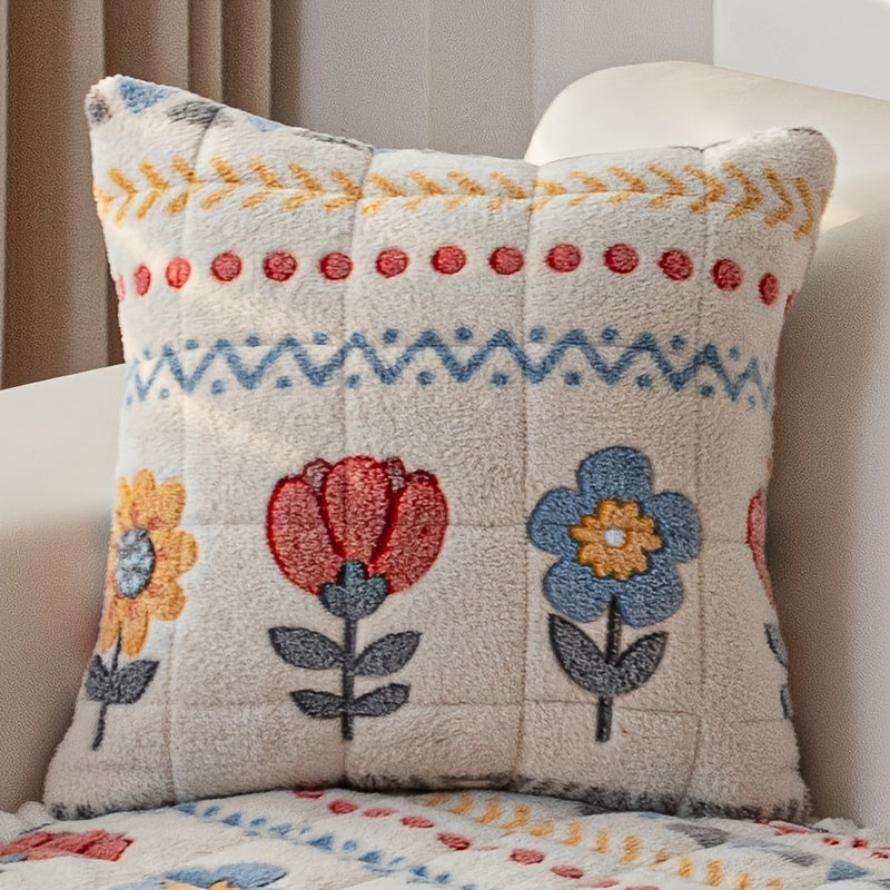 Bohemian Plush Milk Fleece Sofa Cover | Warm Floral Couch Protector