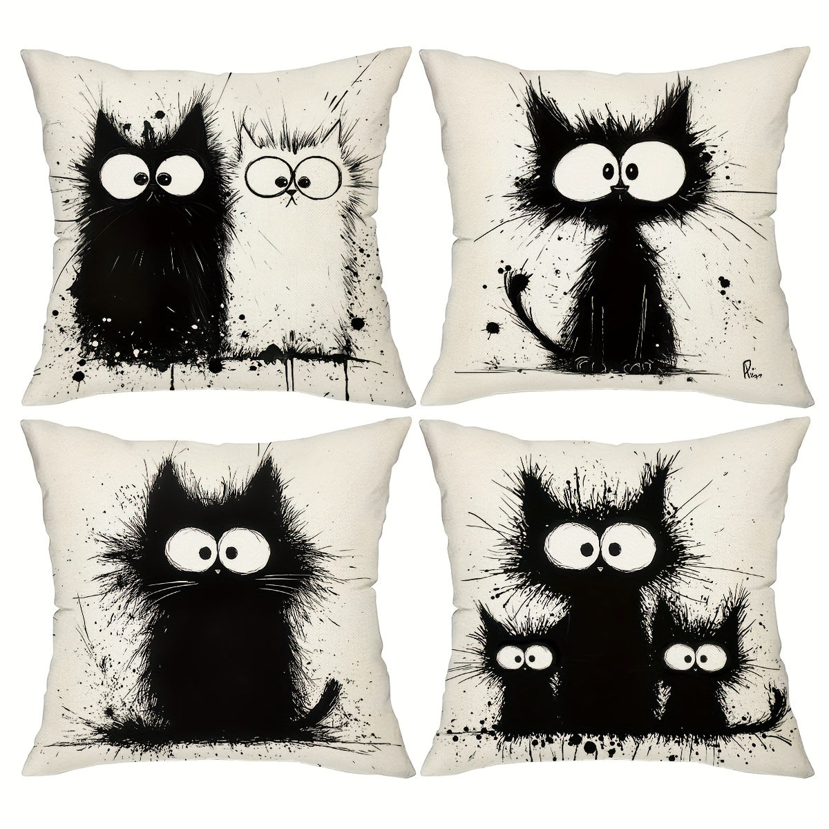 Boho Chic Black Cat Throw Pillow Covers (4-Pack) - 18x18 Inch Decorative Cushion Cases