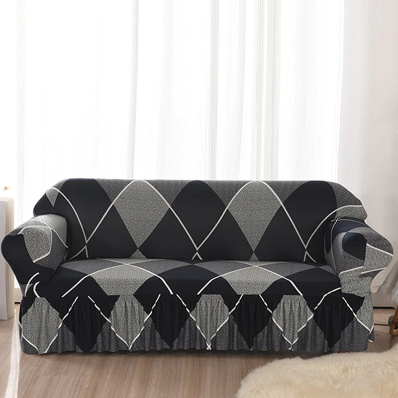 Elastic Cover with Skirt for Sofa, Geometric Pattern Slipcover
