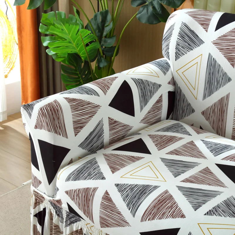 Elastic Cover with Skirt for Sofa, Geometric Pattern Slipcover