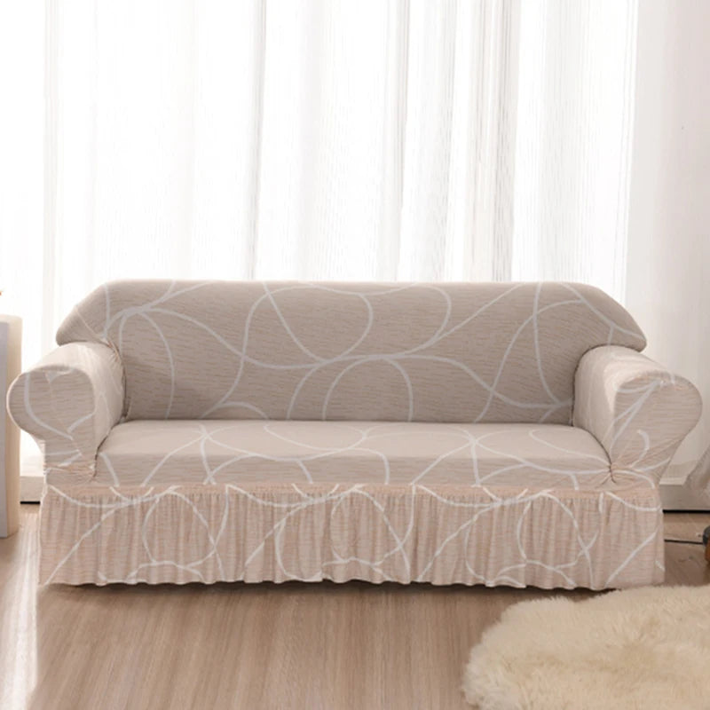 Elastic Cover with Skirt for Sofa, Geometric Pattern Slipcover