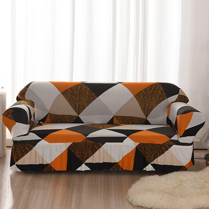 Elastic Cover with Skirt for Sofa, Geometric Pattern Slipcover