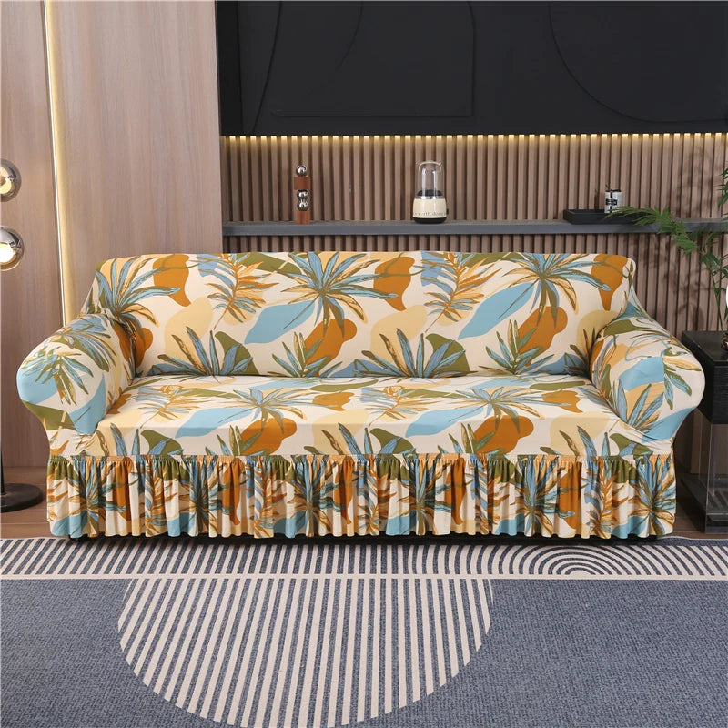 Elastic Cover with Skirt for Sofa, Geometric Pattern Slipcover