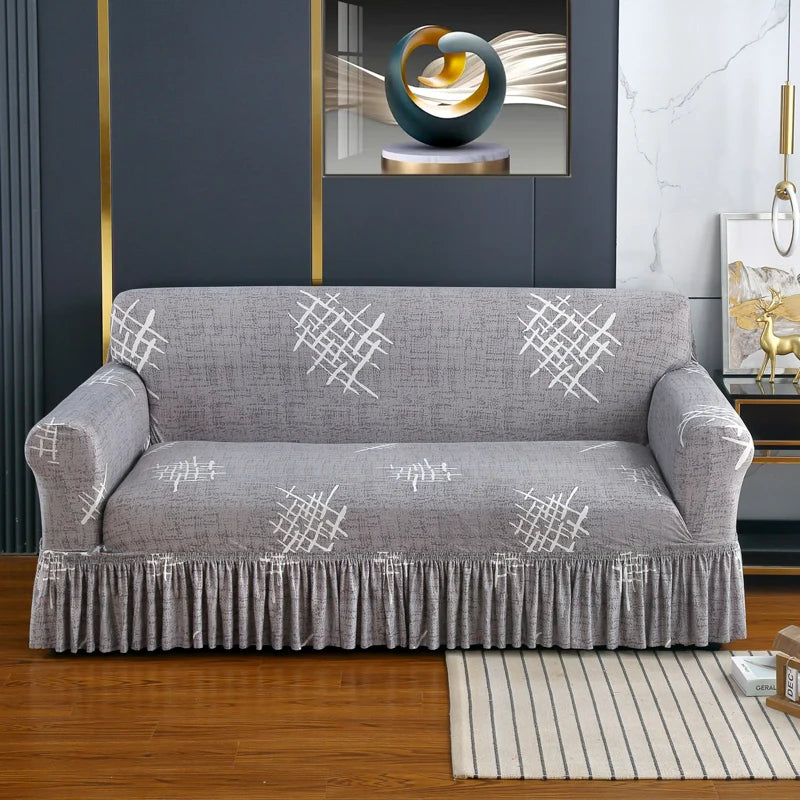 Elastic Cover with Skirt for Sofa, Geometric Pattern Slipcover