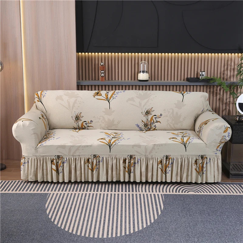 Elastic Cover with Skirt for Sofa, Geometric Pattern Slipcover