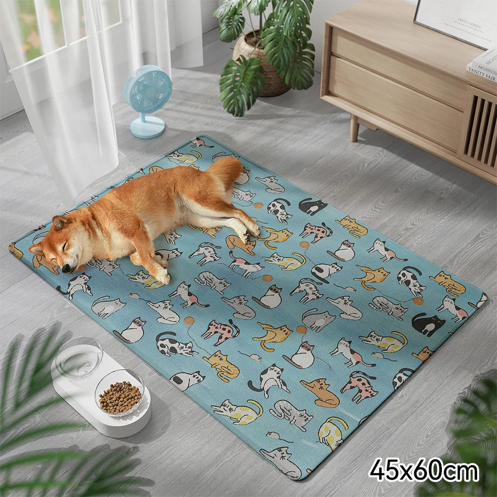 Summer Dog Cooling Mat with Cute Puppy & Kitten Pattern – Breathable Pet Pad