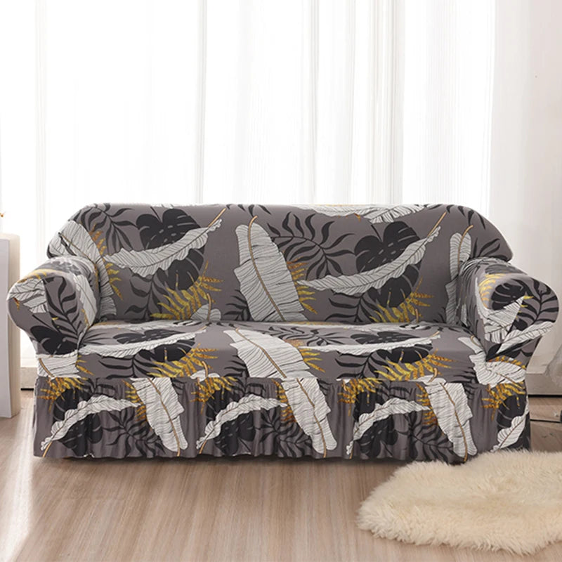 Elastic Cover with Skirt for Sofa, Geometric Pattern Slipcover