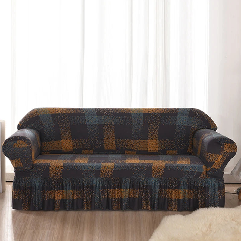 Elastic Cover with Skirt for Sofa, Geometric Pattern Slipcover