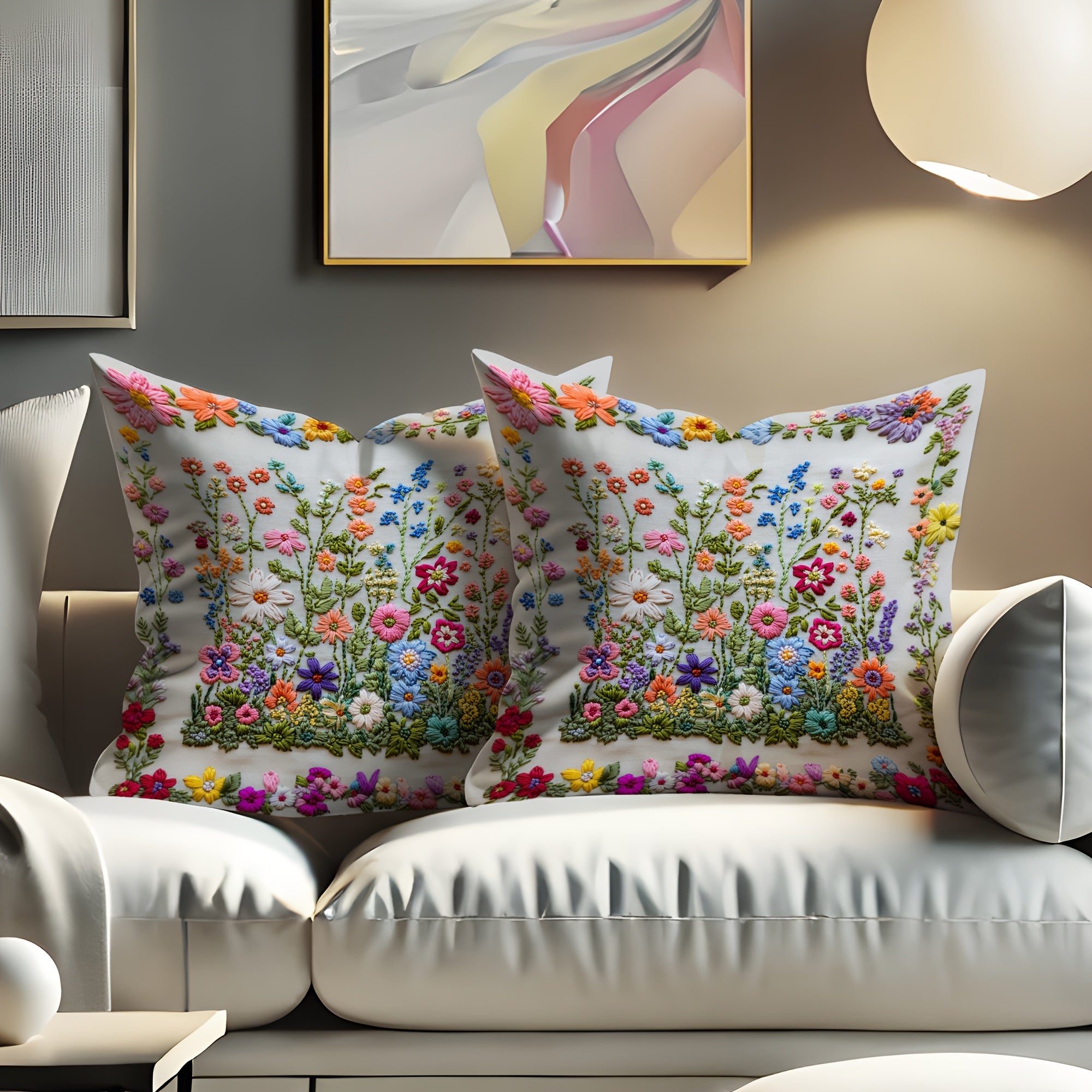 Floral Embroidery Pillow Covers Set of 2 - Vintage Rustic Spring Summer Decor