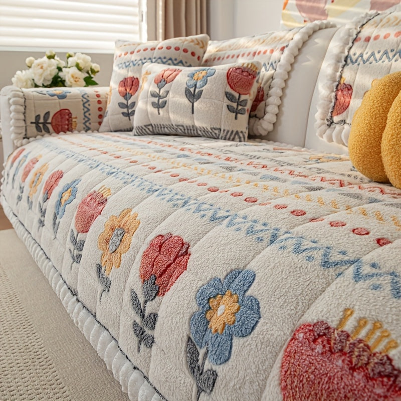 Bohemian Plush Milk Fleece Sofa Cover | Warm Floral Couch Protector