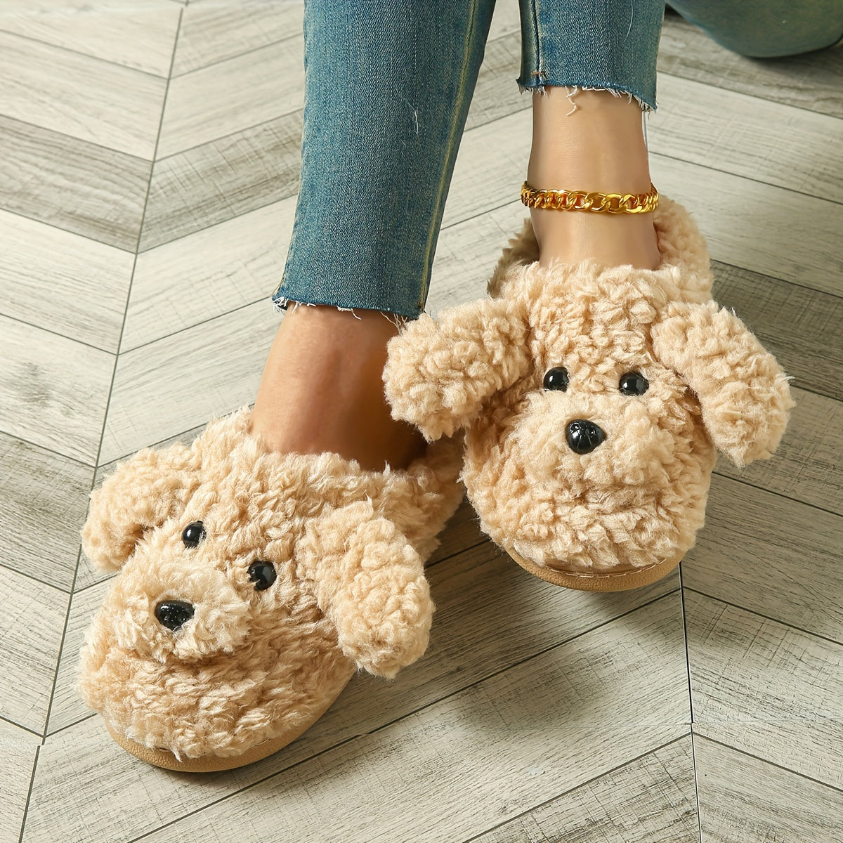 Women’s Cute Teddy Dog Plush Slippers – All-Season Indoor Outdoor, EVA Sole