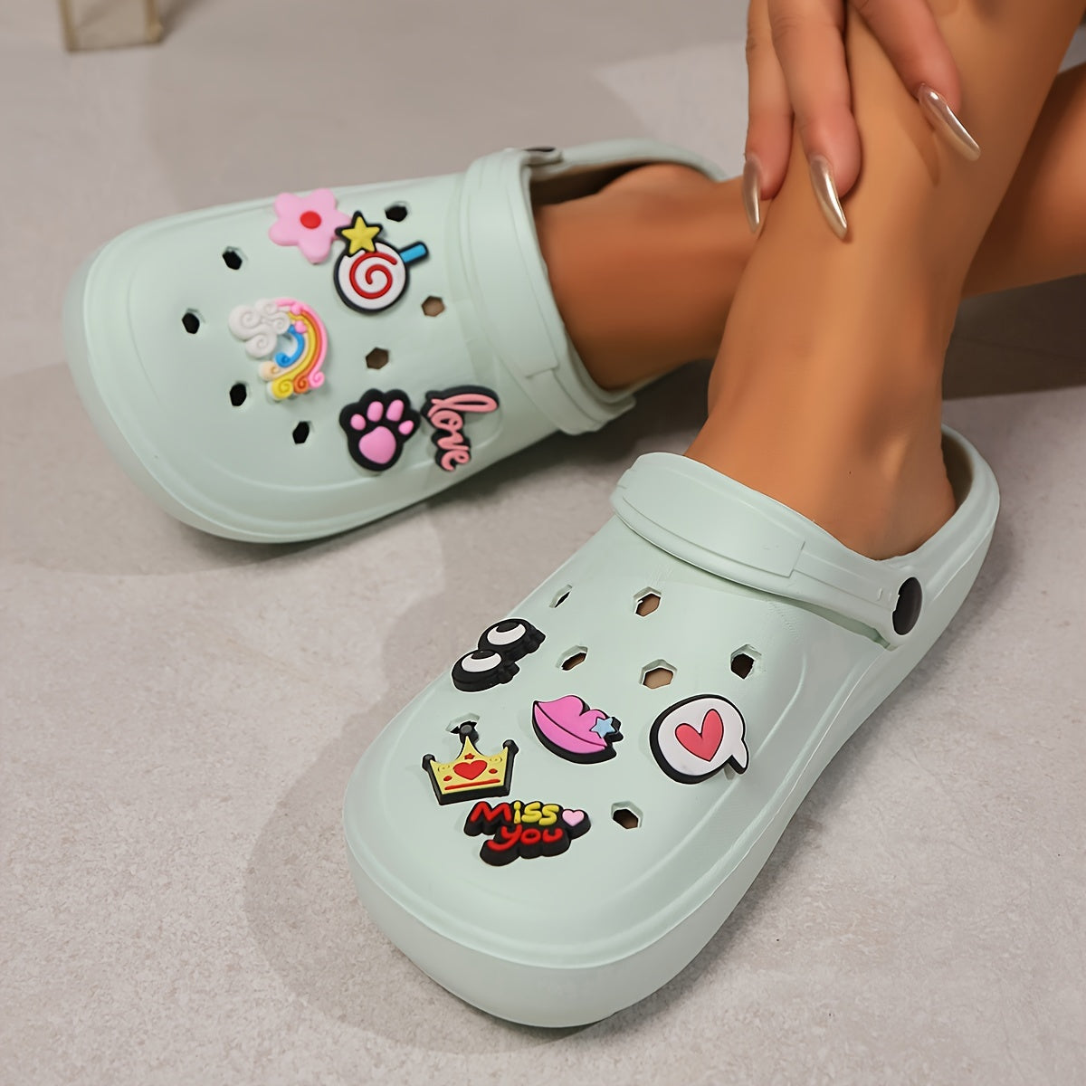 Women’s Elegant Summer Clogs – Breathable Thick Sole Beach Sandals with Charms