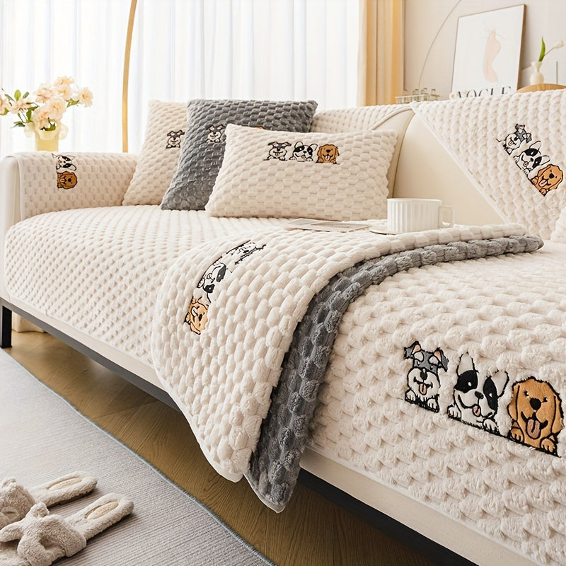 Honeycomb Velvet Sofa Slipcover Cute Dog Embroidery & Pet-Friendly