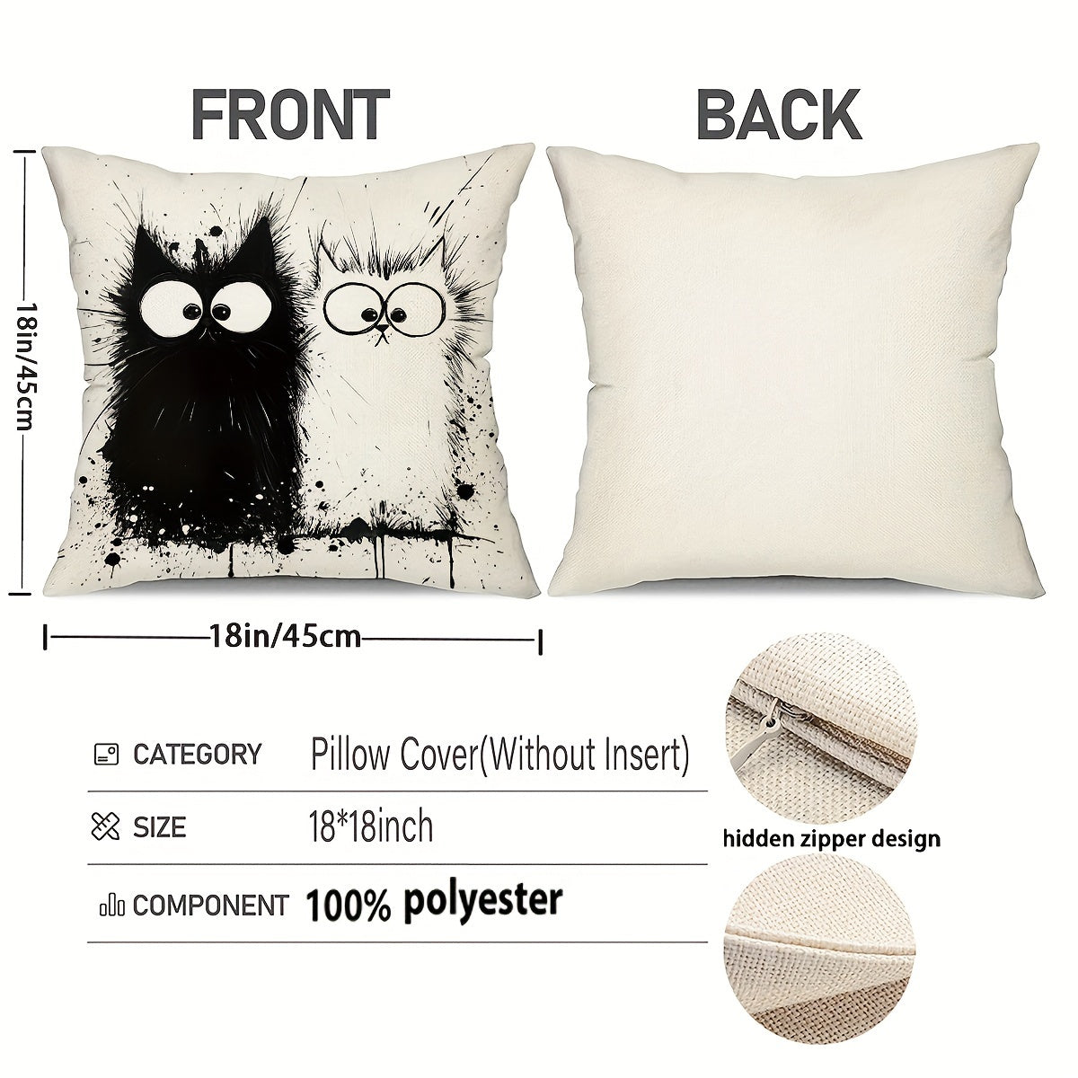 Boho Chic Black Cat Throw Pillow Covers (4-Pack) - 18x18 Inch Decorative Cushion Cases