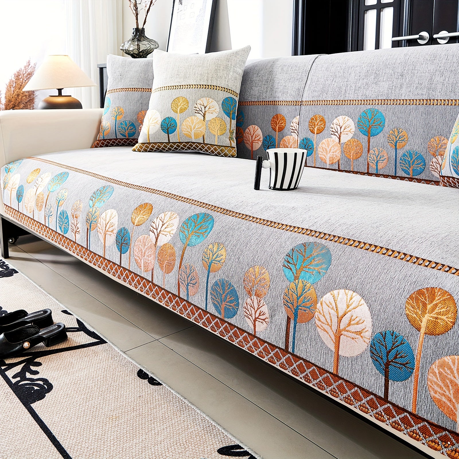 Bohemia Chenille Sofa Cover Geometric Embroidery & Pet-Friendly