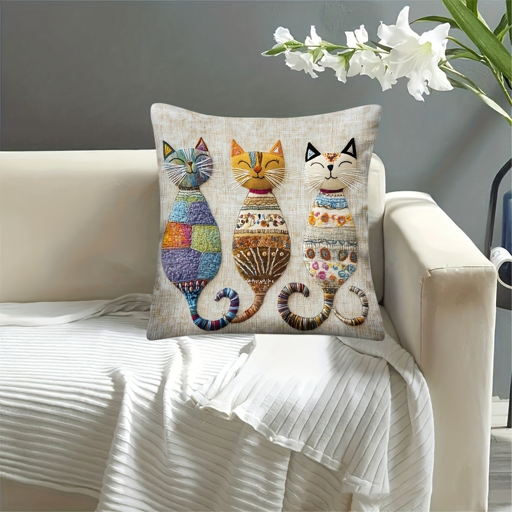 Cute Cats Throw Pillow Cover – 1pc Plush, Embroidery Look, Zippered, 100% Polyester