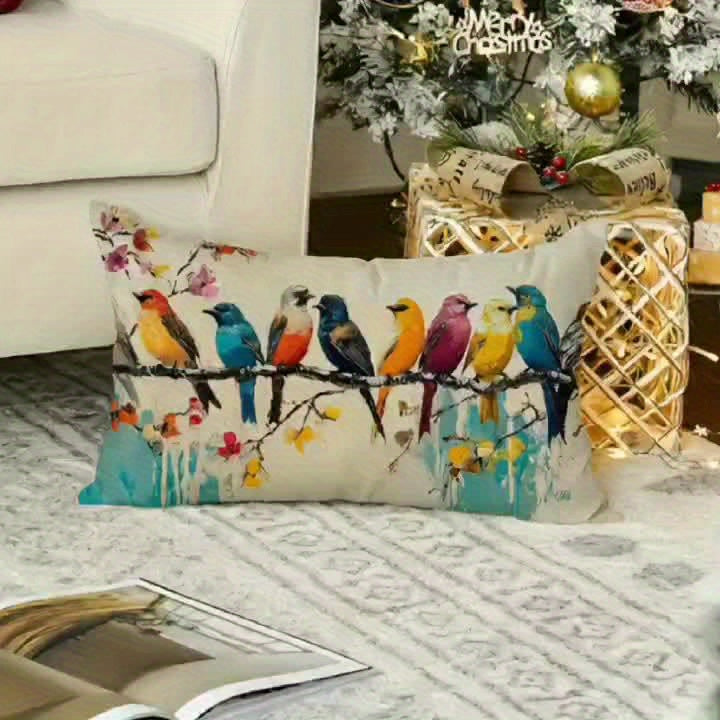 Watercolor Bird Linen Throw Pillow Cover - Machine Washable Decorative Sofa Cushion