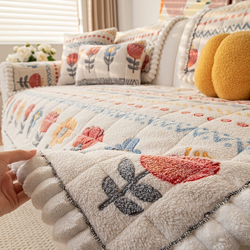 Bohemian Plush Milk Fleece Sofa Cover | Warm Floral Couch Protector