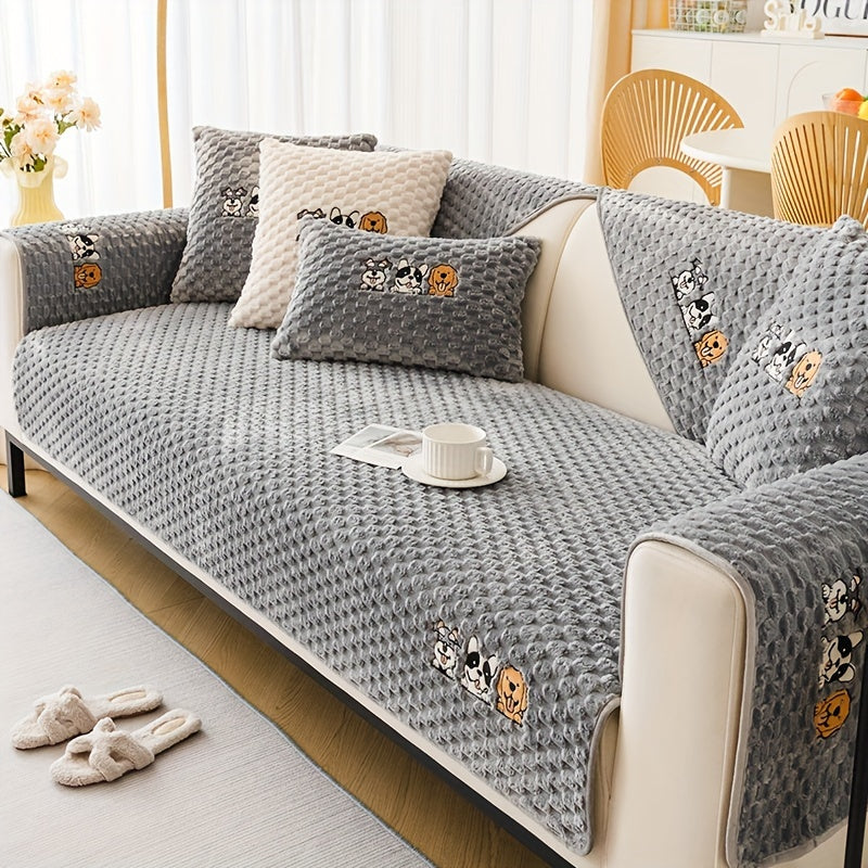 Honeycomb Velvet Sofa Slipcover Cute Dog Embroidery & Pet-Friendly