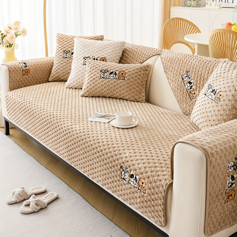 Honeycomb Velvet Sofa Slipcover Cute Dog Embroidery & Pet-Friendly