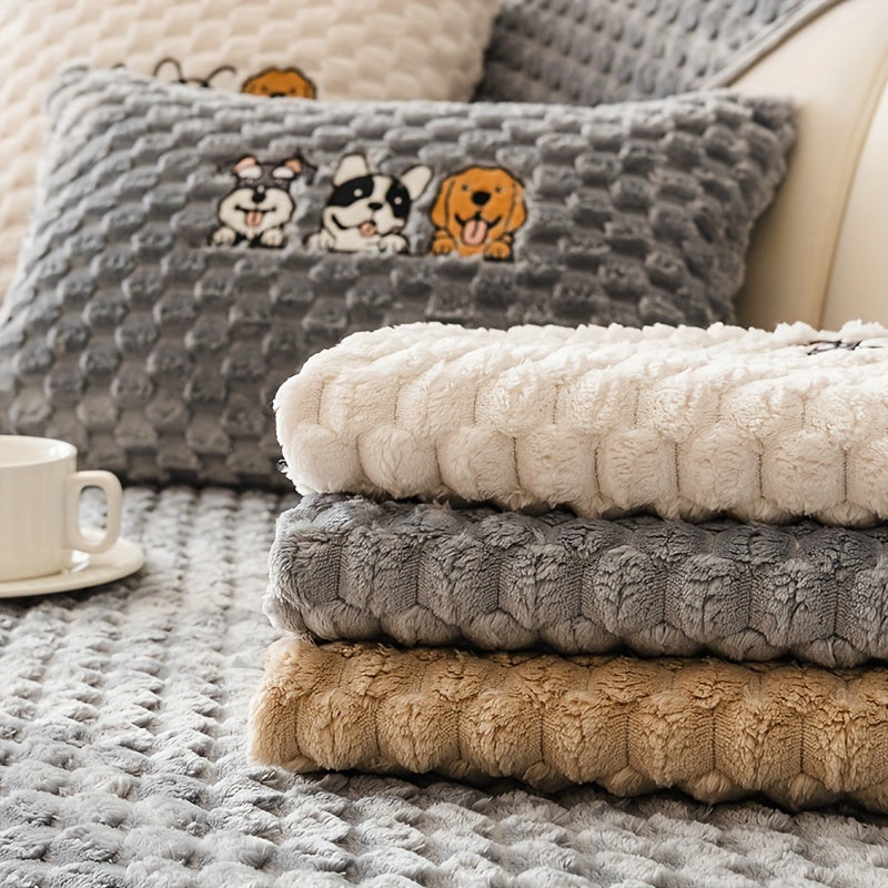 Honeycomb Velvet Sofa Slipcover Cute Dog Embroidery & Pet-Friendly