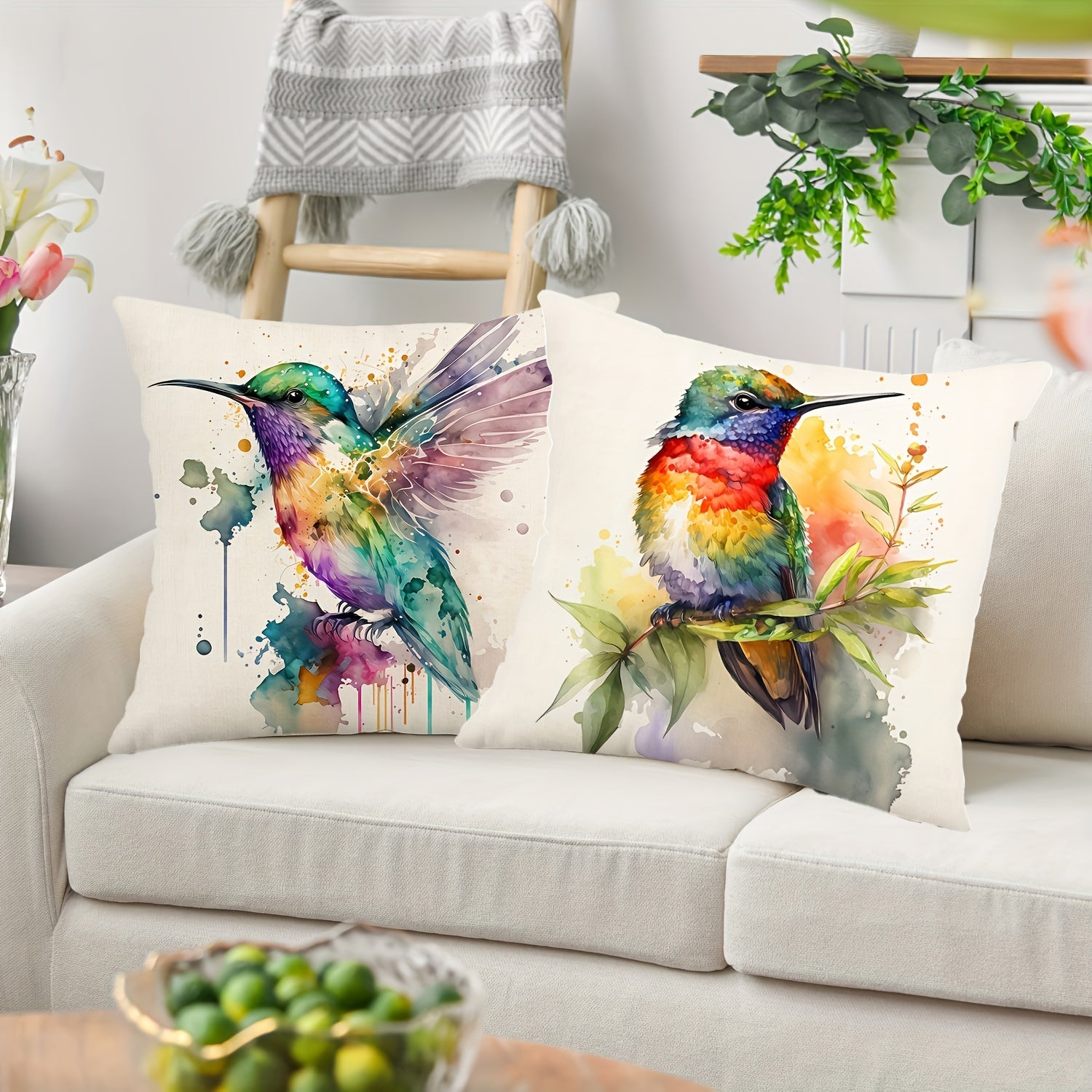 Artistic Hummingbird Pillow Covers 4-Pack 18x18" - Machine Washable Floral Design