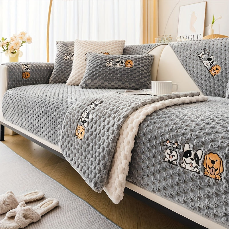 Honeycomb Velvet Sofa Slipcover Cute Dog Embroidery & Pet-Friendly
