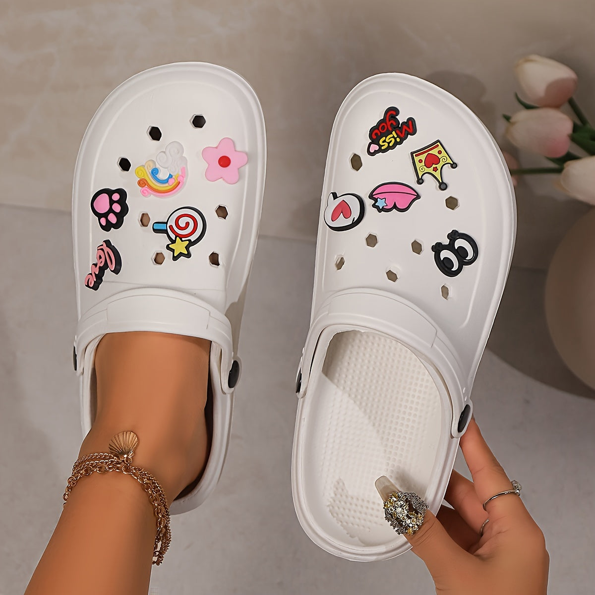Women’s Elegant Summer Clogs – Breathable Thick Sole Beach Sandals with Charms
