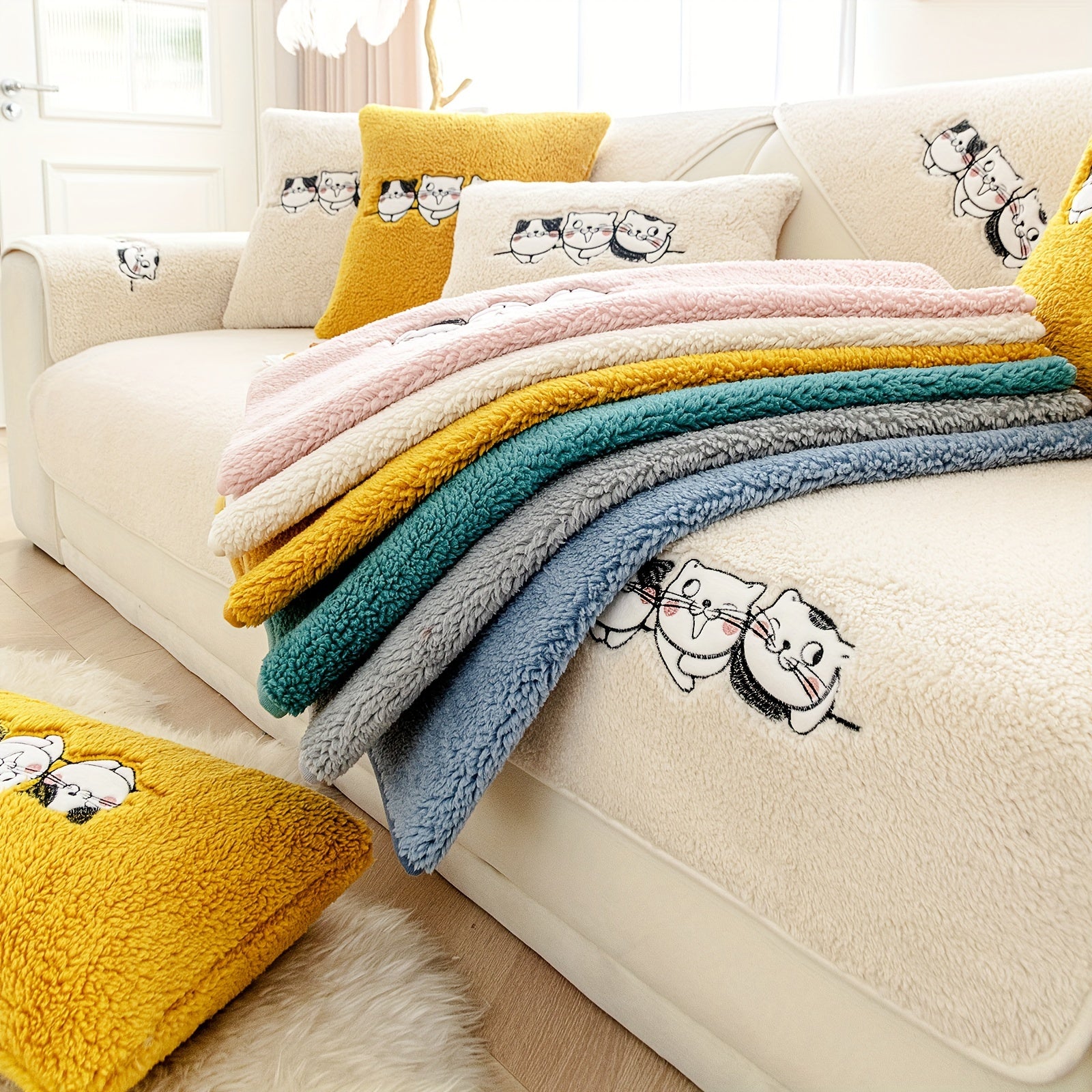Three Cats Lamb-Knitted Sofa Cushion – Thick, Warm European-Style Cover