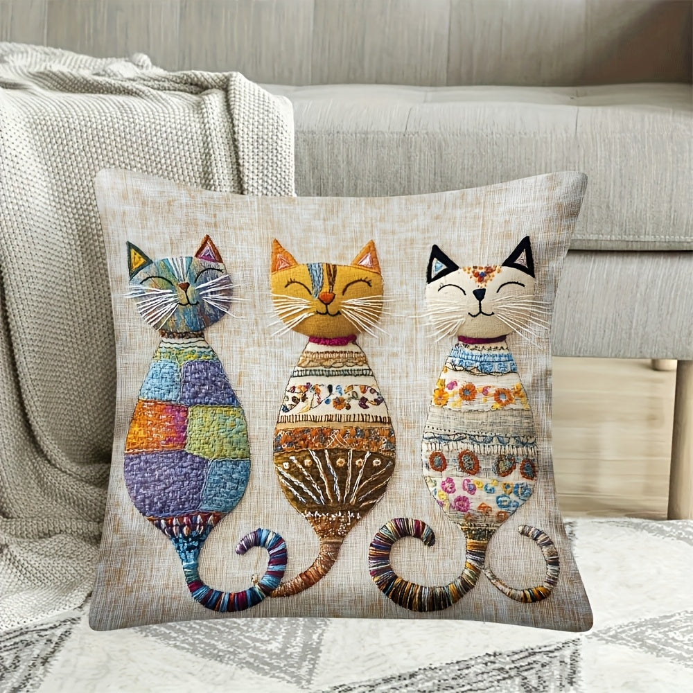 Cute Cats Throw Pillow Cover – 1pc Plush, Embroidery Look, Zippered, 100% Polyester