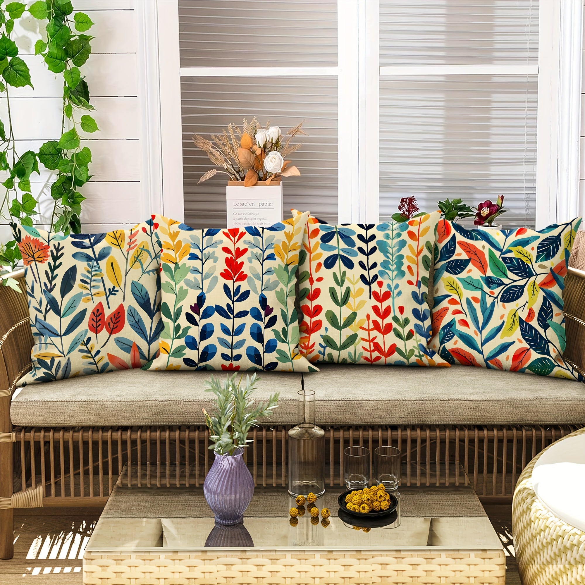 Set of 4 Tropical Leaf Outdoor Pillow Covers - 18x18" Zippered Cushion Cases