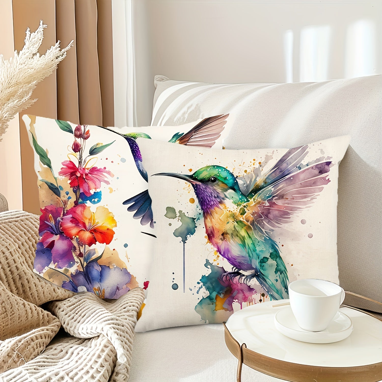 Artistic Hummingbird Pillow Covers 4-Pack 18x18" - Machine Washable Floral Design